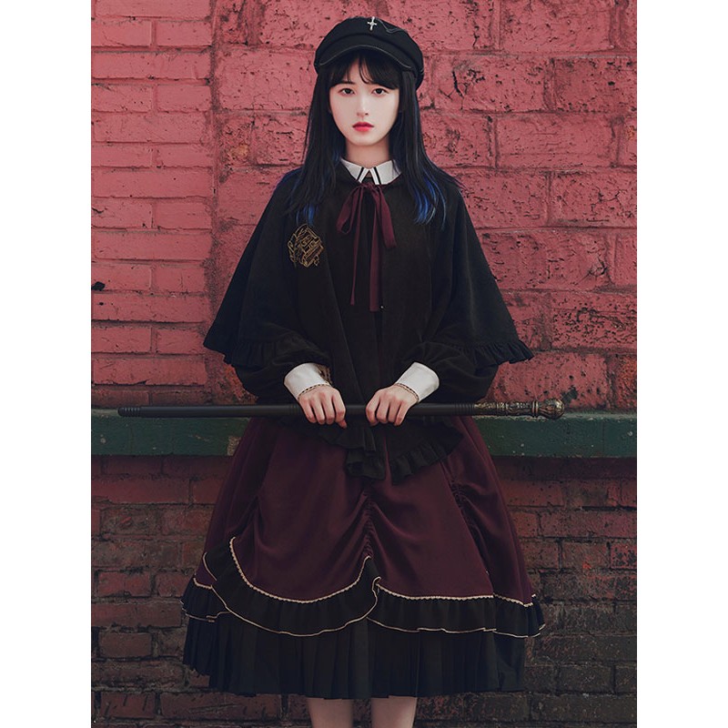 Black Lolita Poncho Polyester Embroidered Color Block Lolita Outwears Fall Winter