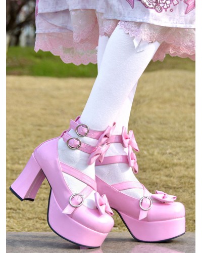 Sweet Lolita Pumps Pink Bows High Heel Platform Leather Lolita Shoes Tea Party