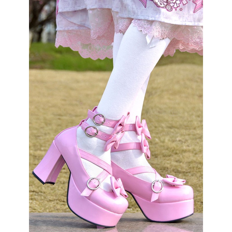 Sweet Lolita Pumps Pink Bows High Heel Platform Leather Lolita Shoes Tea Party