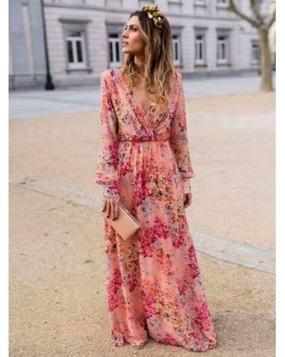 Women Maxi Dresses Long Sleeves Pink Printed V-Neck Long Dress Bohemian Fall