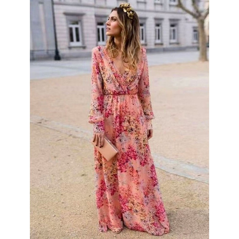 Women Maxi Dresses Long Sleeves Pink Printed V-Neck Long Dress Bohemian Fall