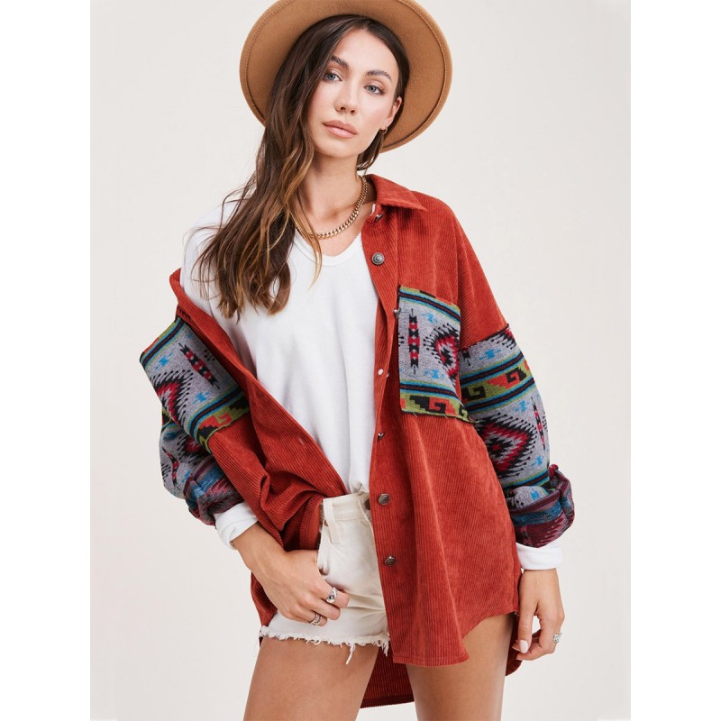 Women's Jackets Turndown Collar Printed Oversized Front Button Buttons Daily Burgundy Jacket For Women Retro Casual