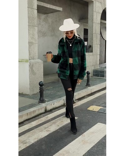 Faux Plush Jacket Plaid Spring Coat Outerwear For Women Faux Fur Jacket Fall Winter