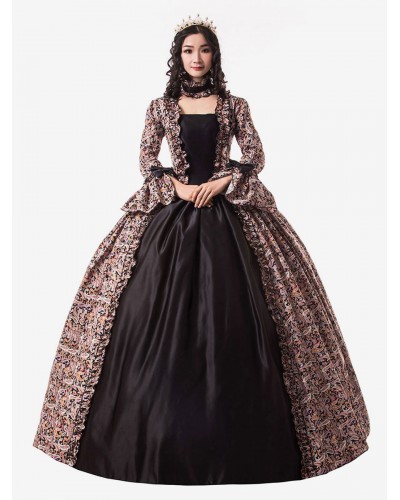 Women Victorian Dress Costume 's Black Gold Trumpet Long Sleeves Ruffle Floral Print Ball Gown Victorian Era Style Set With Choker Vintage Clothing Halloween Sets Victorian Era