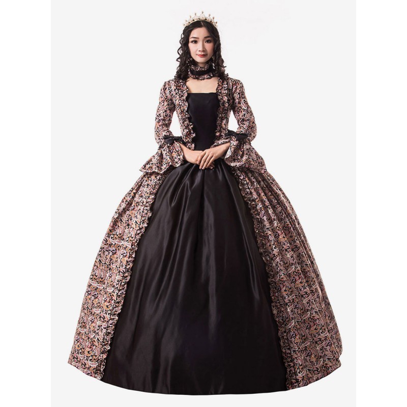 Women Victorian Dress Costume 's Black Gold Trumpet Long Sleeves Ruffle Floral Print Ball Gown Victorian Era Style Set With Choker Vintage Clothing Halloween Sets Victorian Era