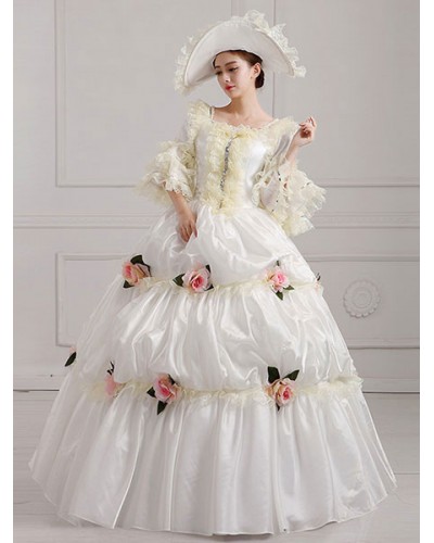 Victorian Dress Costume Women's Victorian Era Clothing White Square Neckline Ball Gown Dress With Flowers Outfits ROCOCO Halloween Holiday Pageant