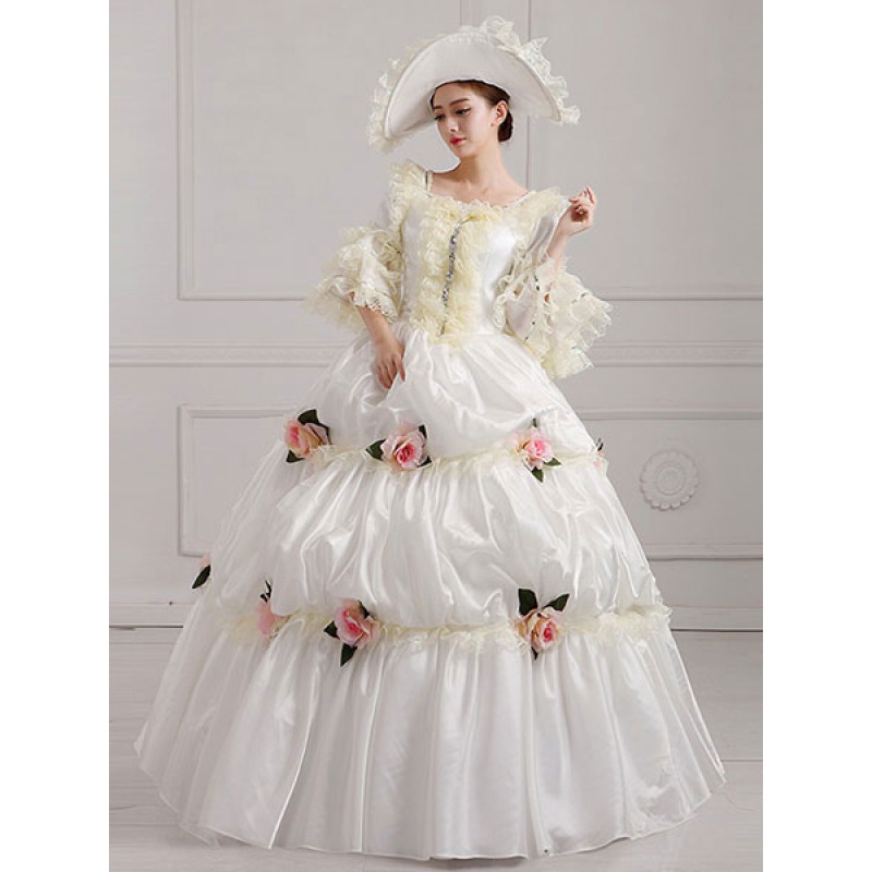 Victorian Dress Costume Women's Victorian Era Clothing White Square Neckline Ball Gown Dress With Flowers Outfits ROCOCO Halloween Holiday Pageant