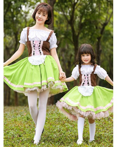 Parent-child Green Lolita OP Dress Lace Up Ruffles Lolita One Piece Dresses Spring Summer Fall Daily Casual