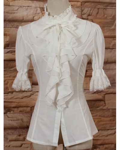 White High Collar Lolita Blouse Middle Sleeves With Ruffles Daily Casual