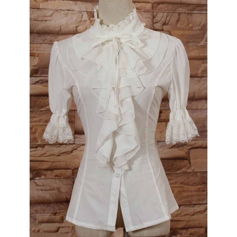 White High Collar Lolita Blouse Middle Sleeves With Ruffles Daily Casual