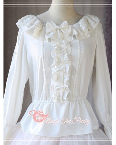 Classic Lolita Blouse Magic Chiffon Round Neck Long Sleeve Bows Frills White Lolita Top Tops Classic  Traditional Spring Summer Tea Party