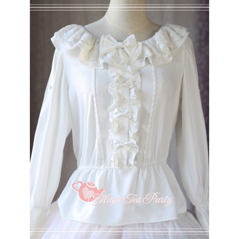 Classic Lolita Blouse Magic Chiffon Round Neck Long Sleeve Bows Frills White Lolita Top Tops Classic  Traditional Spring Summer Tea Party