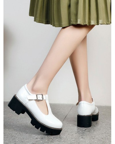 Academic Lolita Footwear White PU Leather Round Toe Lolita Pumps