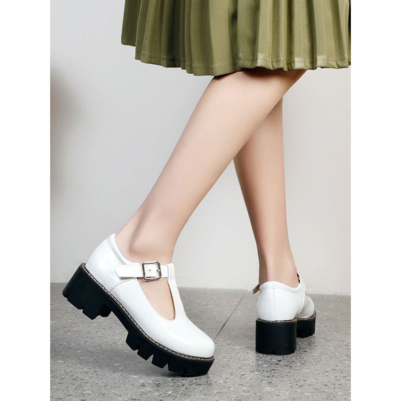 Academic Lolita Footwear White PU Leather Round Toe Lolita Pumps