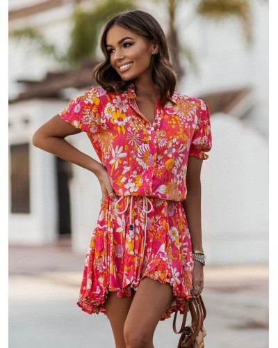 Skater Dresses Floral Print Turndown Collar Lace Up Red Sexy Short Sleeves Flared Dress Summer