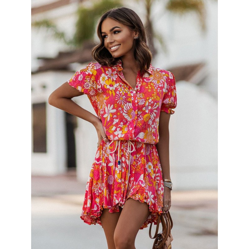 Skater Dresses Floral Print Turndown Collar Lace Up Red Sexy Short Sleeves Flared Dress Summer