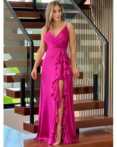 Slip Dresses V-neck High-slit Birthday Semi Formal Maxi Party Dress Sexy Night Out Dating