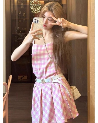 Barbie Pink Gingham Dress Square Neck Plaid Backless Short Summer Beach Dress Bodycon Street Wear Daily Casual