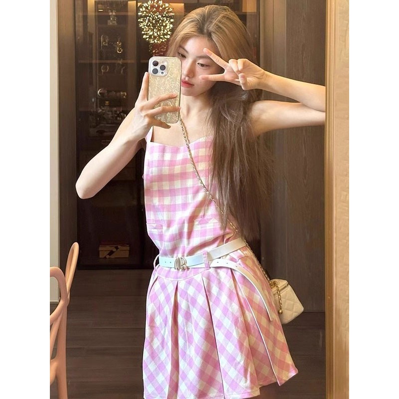 Barbie Pink Gingham Dress Square Neck Plaid Backless Short Summer Beach Dress Bodycon Street Wear Daily Casual