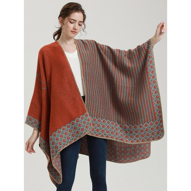 Women Cape Geometric Color Block Poncho Poncho  Cape Fall Winter Daily Casual Street Wear