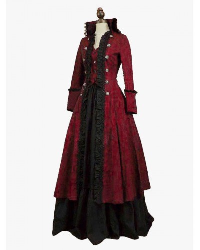 Women Burgundy Costumes Ruffles Polyester Floral Print Marie Antoinette Costume Dress 's 18th Century Costume Tunic Gothic Retro