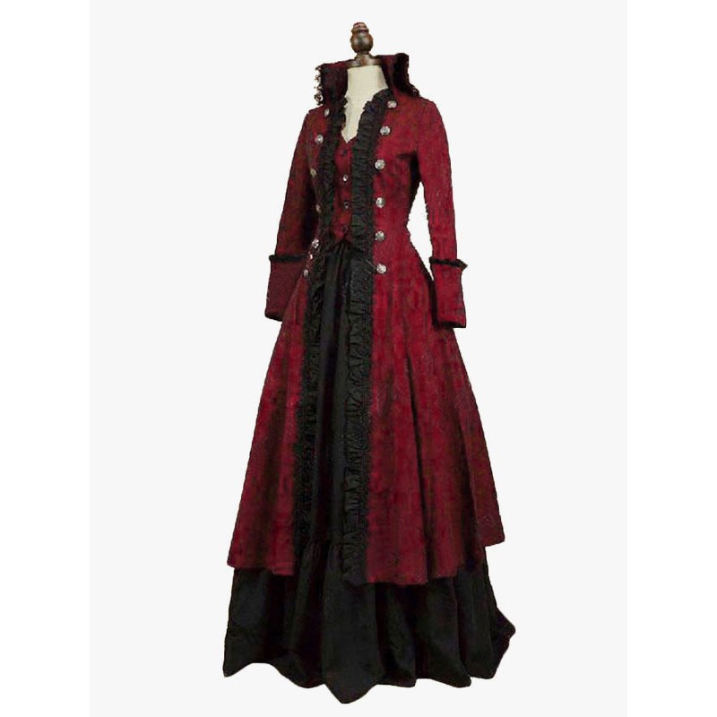 Women Burgundy Costumes Ruffles Polyester Floral Print Marie Antoinette Costume Dress 's 18th Century Costume Tunic Gothic Retro