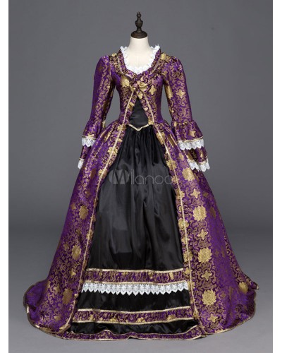 Women Vintage Costume Purple Lace Trim Long Sleeve Royal Masquerade Dresses Halloween Sets Gothic Euro-Style Elegant  Luxurious