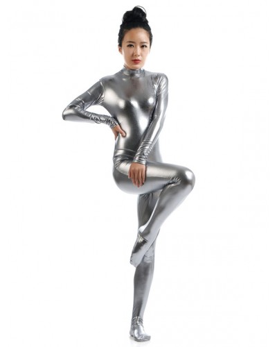 Women Gray Adults Bodysuit Cosplay Jumpsuit Shiny Metallic Catsuit Solid