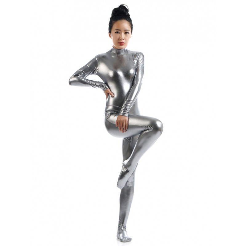 Women Gray Adults Bodysuit Cosplay Jumpsuit Shiny Metallic Catsuit Solid