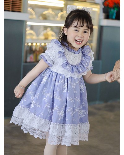 Polyester Daily Casual Lace Short Sleeves Cotton Spring Dress Floral Print Style Purple Kids' Lolita Dresses Sweet ROCOCO