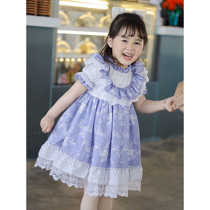 Polyester Daily Casual Lace Short Sleeves Cotton Spring Dress Floral Print Style Purple Kids' Lolita Dresses Sweet ROCOCO