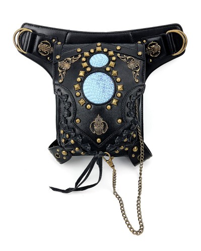 Gothic Lolita Bag Black Metal Details Rivets Waist Pack PU Leather Lolita Accessories Steampunk