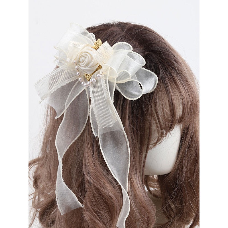 Lolita Ecru White Flowers Pearls Bows Polyester Fiber Headwear Miscellaneous Accessories Sweet ROCOCO Daily Casual Tea Party