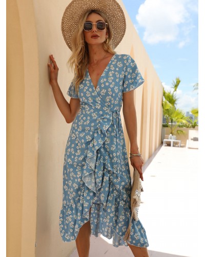 Women Dress Floral Print Blue Medium Beach Dress Summer