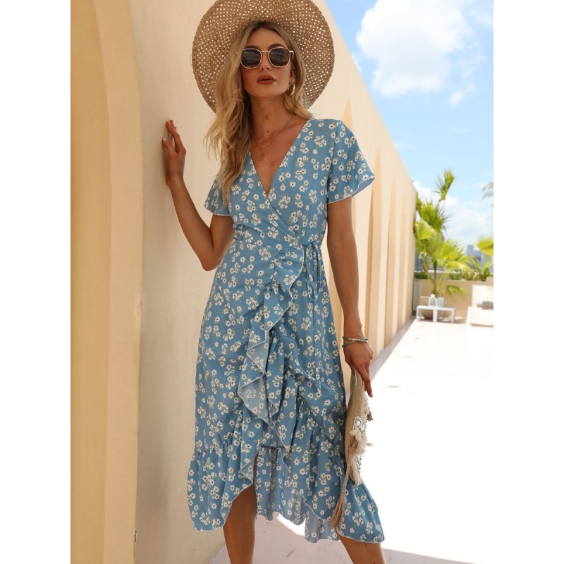 Women Dress Floral Print Blue Medium Beach Dress Summer