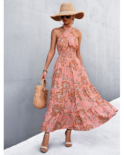 Women Dress Sleeveless Floral Print Backless Floor Length Dress Maxi Bohemian Summer