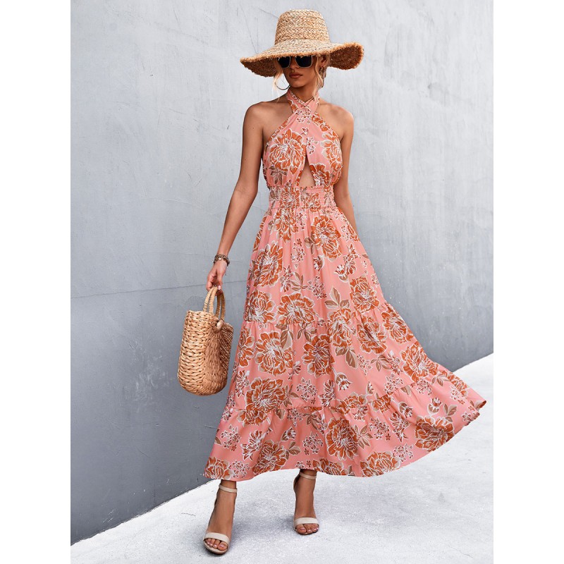 Women Dress Sleeveless Floral Print Backless Floor Length Dress Maxi Bohemian Summer