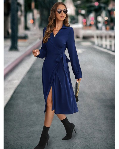 Women Warp Dresses V Neck Lantern Sleeves Midi Dress Shirt Spring Fall