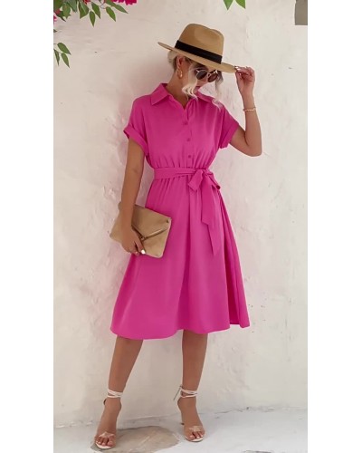 Women Midi Dress Turndown Collar Buttons Short Sleeves Dresses Shirt Summer