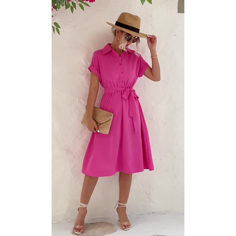 Women Midi Dress Turndown Collar Buttons Short Sleeves Dresses Shirt Summer