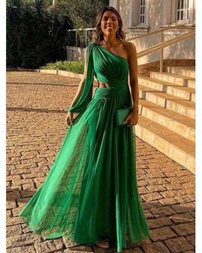 Women Party Dresses Green Notched Neckline Pleated Sleeveless Asymmetrical Semi Formal Dress Maxi Spring Summer Fall