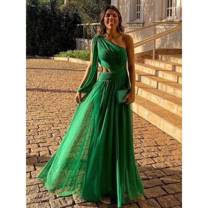 Women Party Dresses Green Notched Neckline Pleated Sleeveless Asymmetrical Semi Formal Dress Maxi Spring Summer Fall