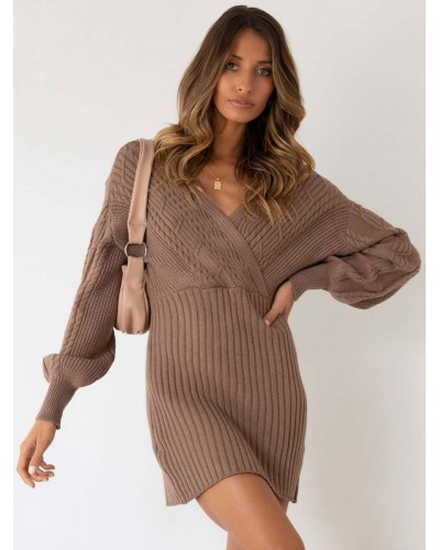 Women Knitted Dress Long Sleeves V-Neck Mini Dress Sweater Spring Fall Winter