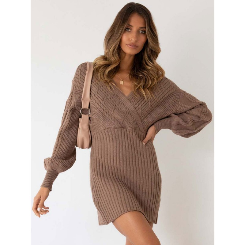 Women Knitted Dress Long Sleeves V-Neck Mini Dress Sweater Spring Fall Winter