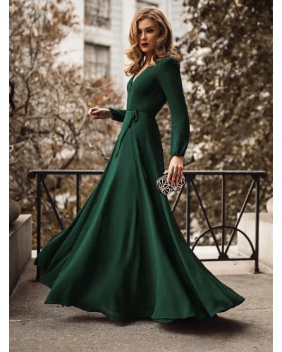 Women Maxi Dress Long Sleeves Dark Green V Neck Long Dress Sexy Fall