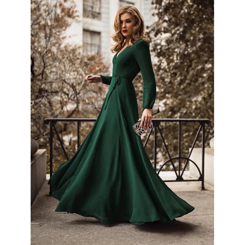 Women Maxi Dress Long Sleeves Dark Green V Neck Long Dress Sexy Fall