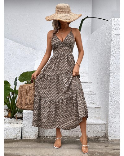 Women Midi Dress Khaki V-Neck Pleated Printed Beach Dress Summer