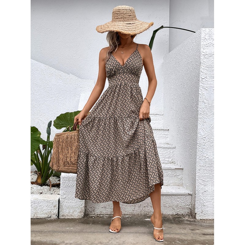 Women Midi Dress Khaki V-Neck Pleated Printed Beach Dress Summer