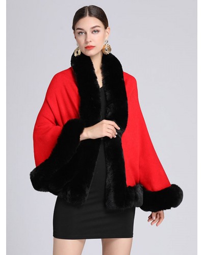 Women's Red Poncho Coat Faux Fur Cape Spring Outerwear Classic  Traditional Casual