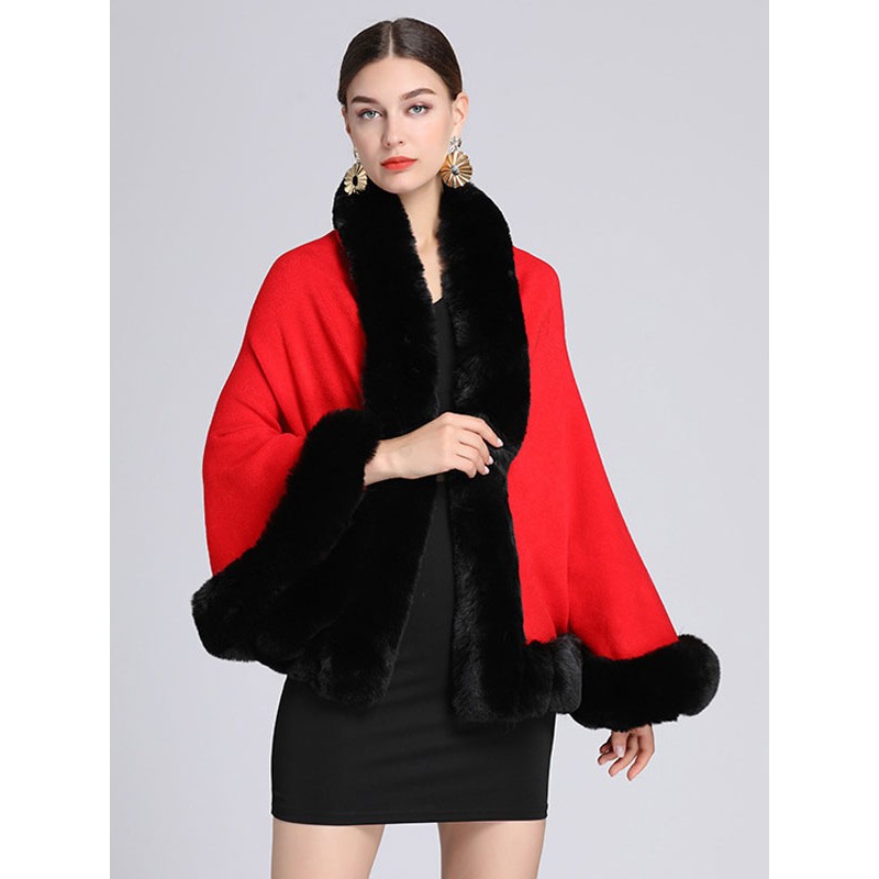 Women's Red Poncho Coat Faux Fur Cape Spring Outerwear Classic  Traditional Casual